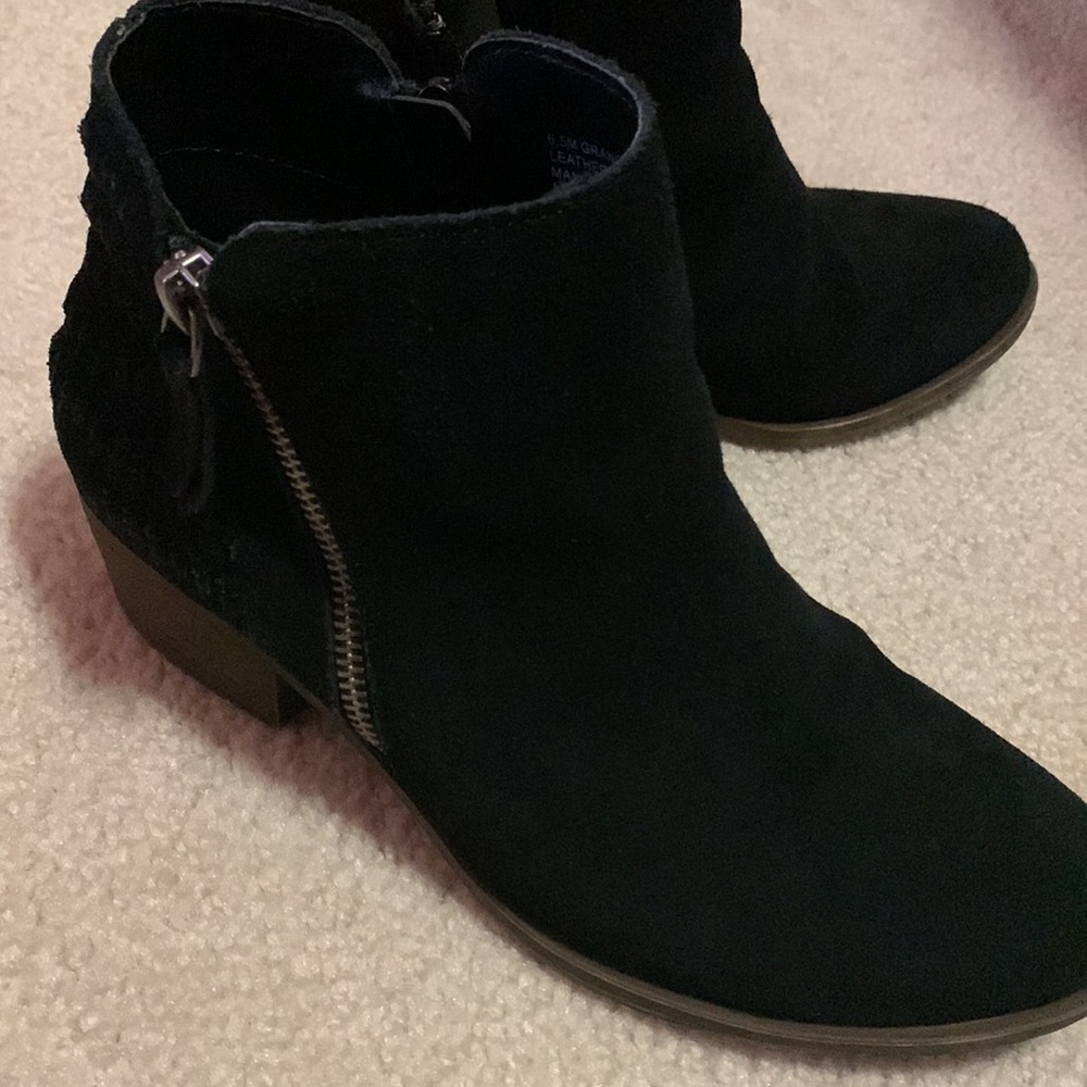 Kenzie black suede booties, low heel, gently worn.